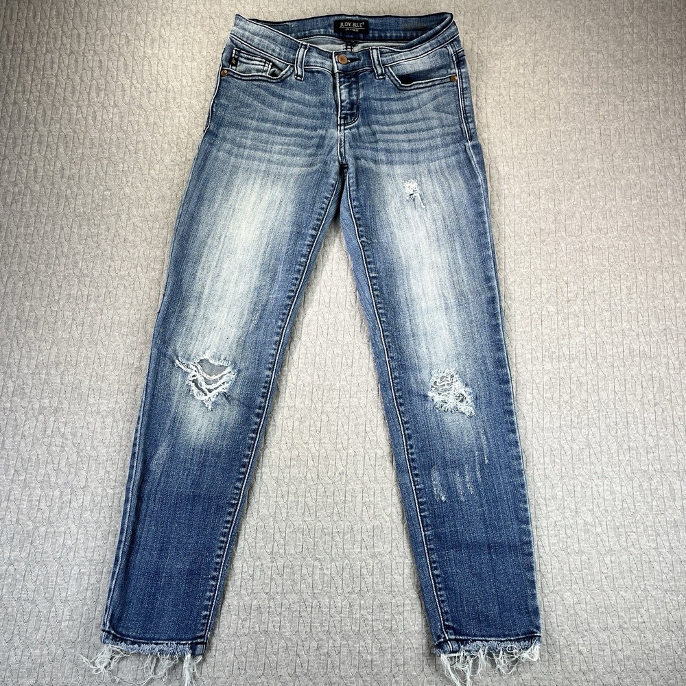 Judy Blue Skinny Jeans Womens 5/27x27 Blue Distressed Raw Hem JB8228MD